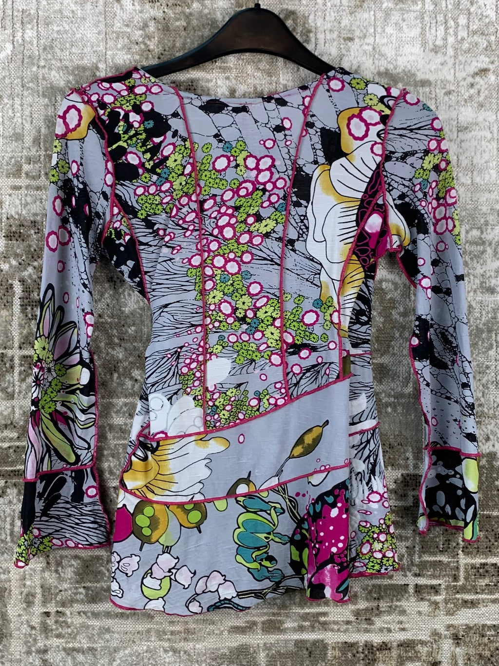 Vintage Y2K Grey Pink Floral Patchwork Top