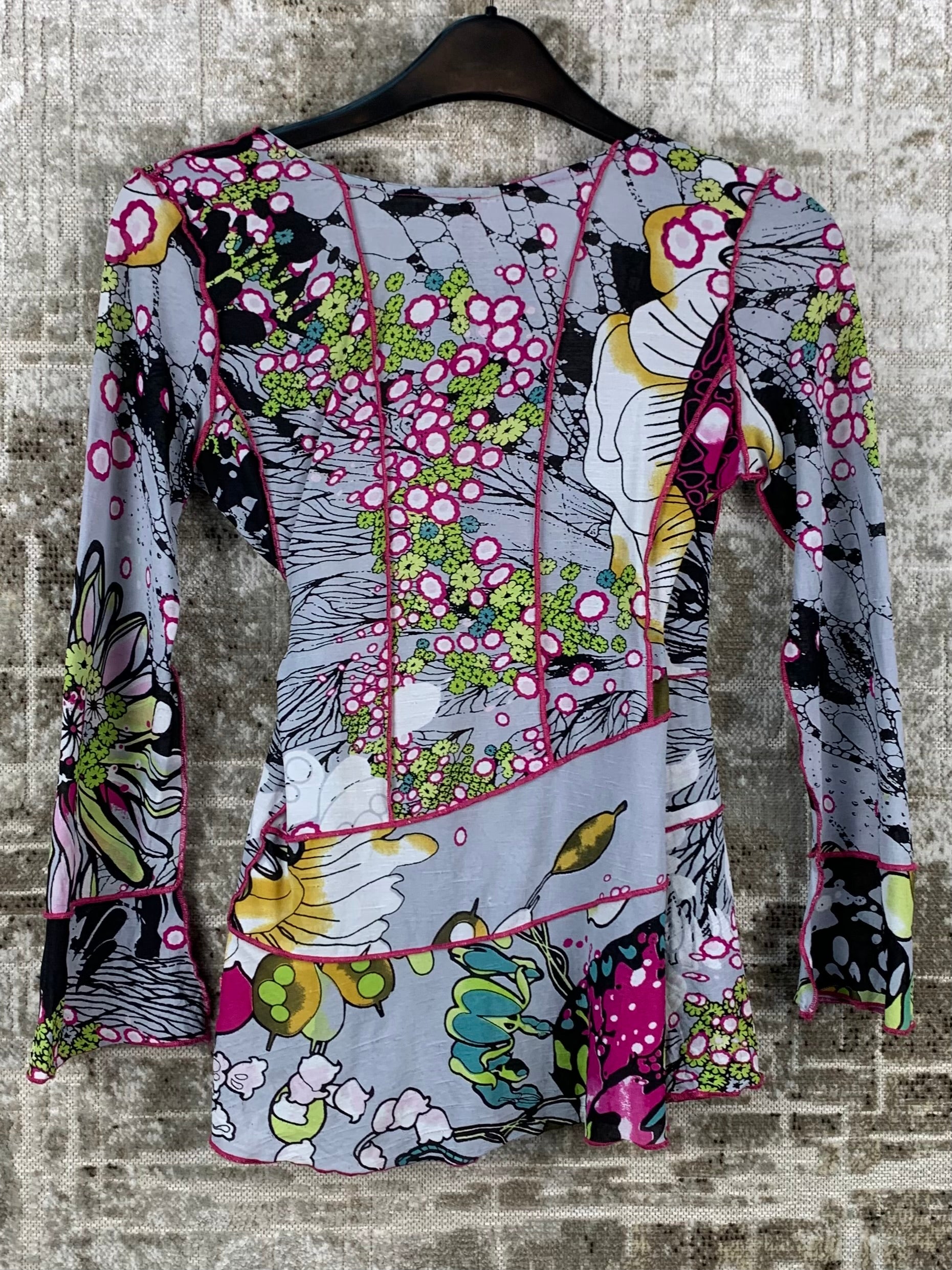 Vintage Y2K Grey Pink Floral Patchwork Top