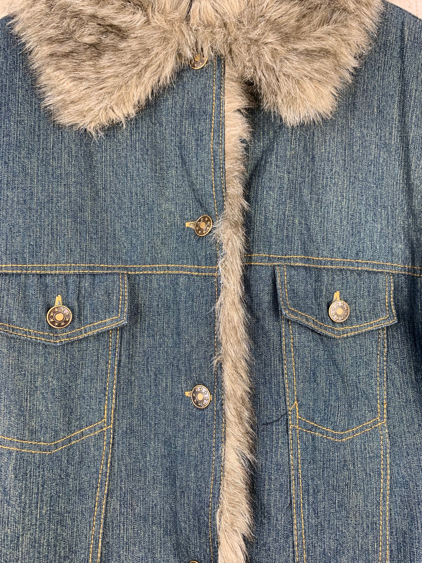 Women's Y2K Denim Jacket Grey Faux Fur Trim Blue Coat