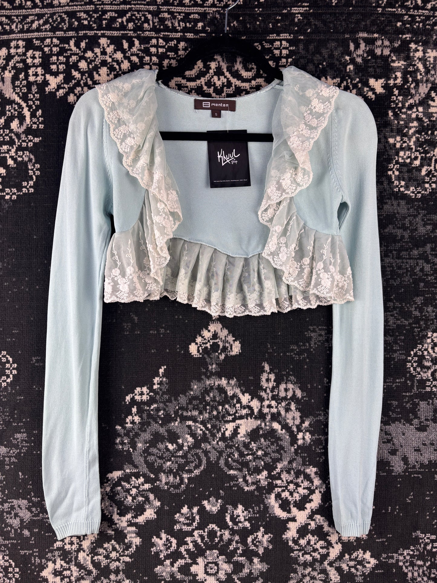 Womens Vintage Y2K Monton Baby Blue Lace Trim Cropped