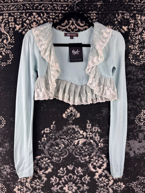 Womens Vintage Y2K Monton Baby Blue Lace Trim Cropped