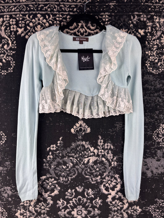 Womens Vintage Y2K Monton Baby Blue Lace Trim Cropped