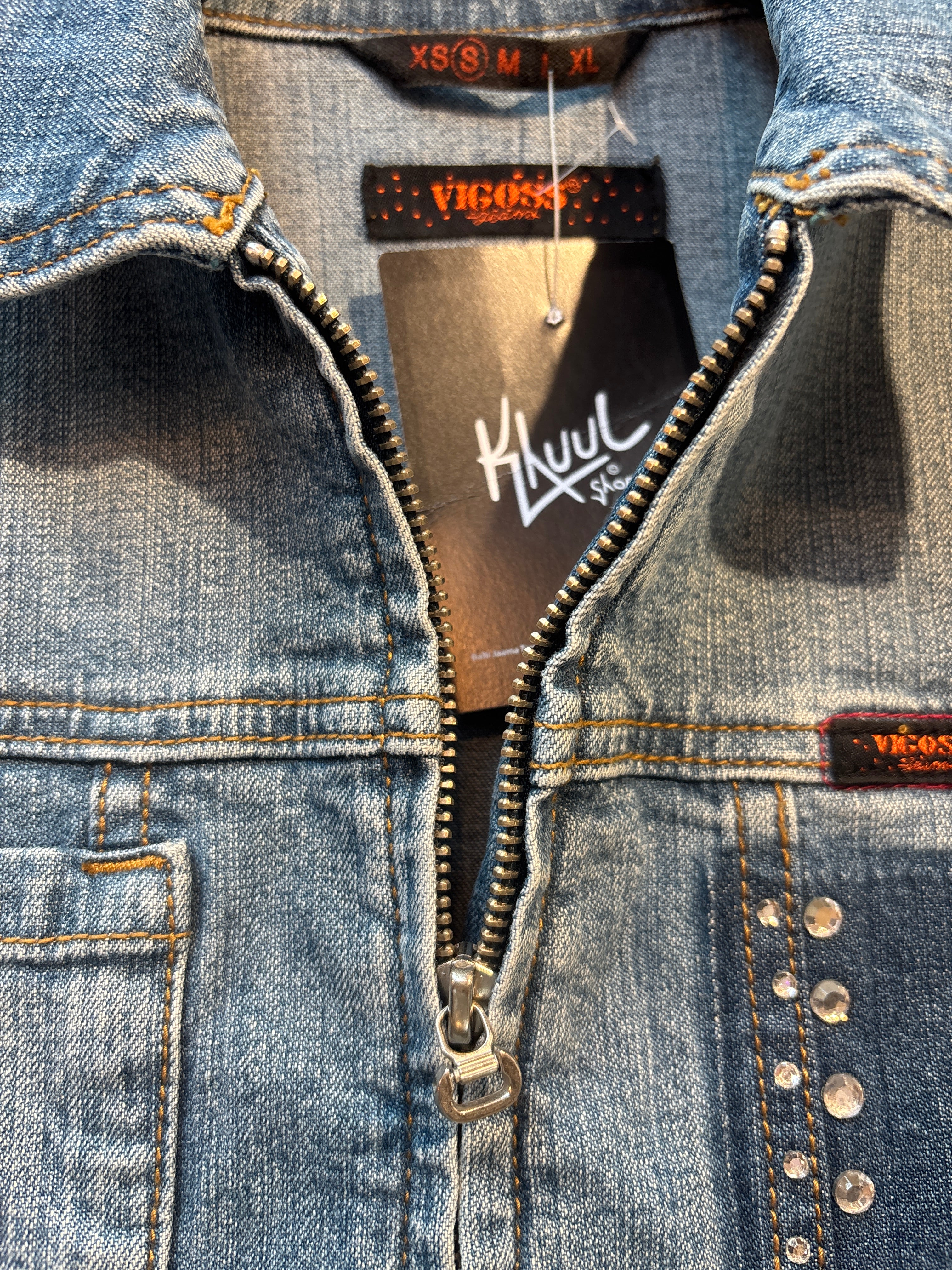 Vigoss Y2K Rhinestone Zip Denim Jacket