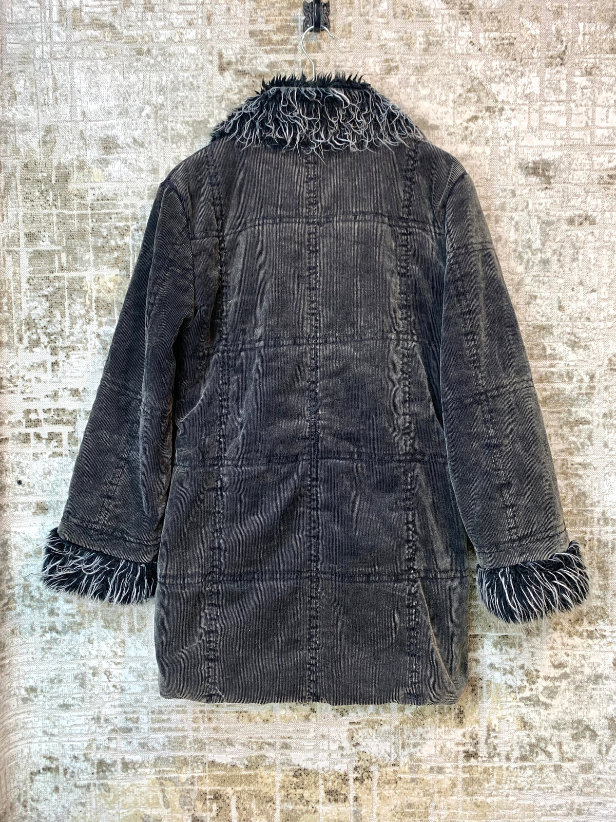 Y2K Corduroy Faux Fur Trim Coat