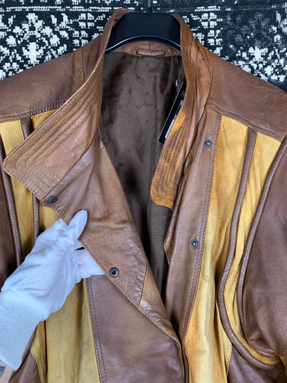 Men's Vintage Mix Patterned Brown Leather Jacket