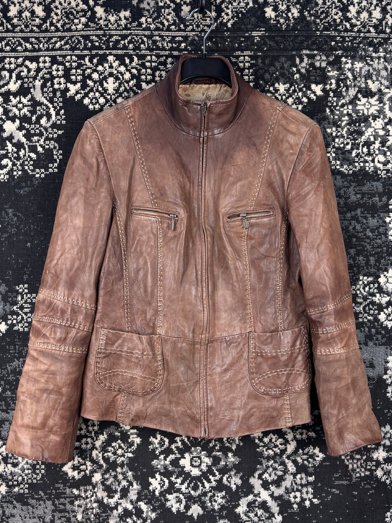 Womens Vintage Y2K David Moore Brown Genuine Leather Jacket