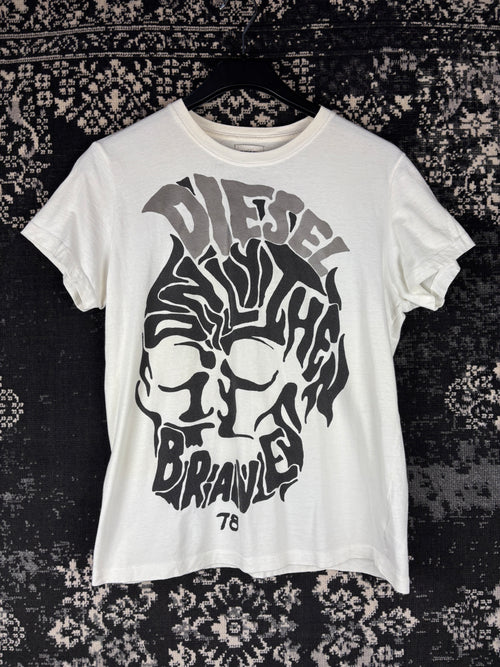 Diesel Graphic Skull Print White T-Shirt