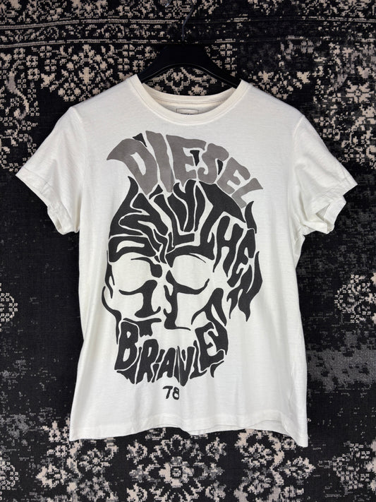 Diesel Graphic Skull Print White T-Shirt
