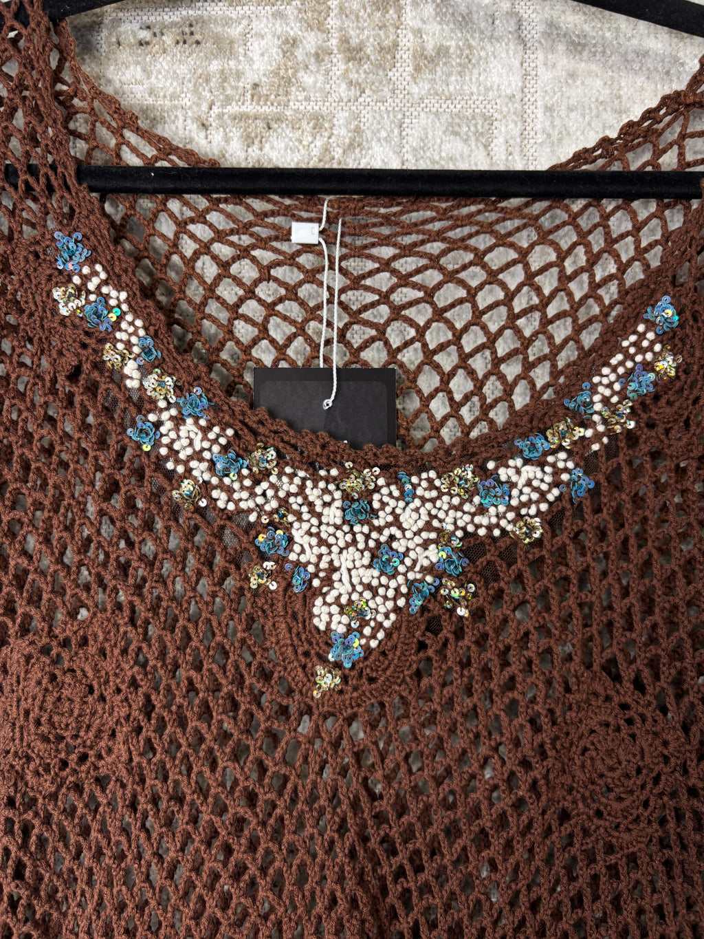 Y2K Beaded Crochet Net Knit Top