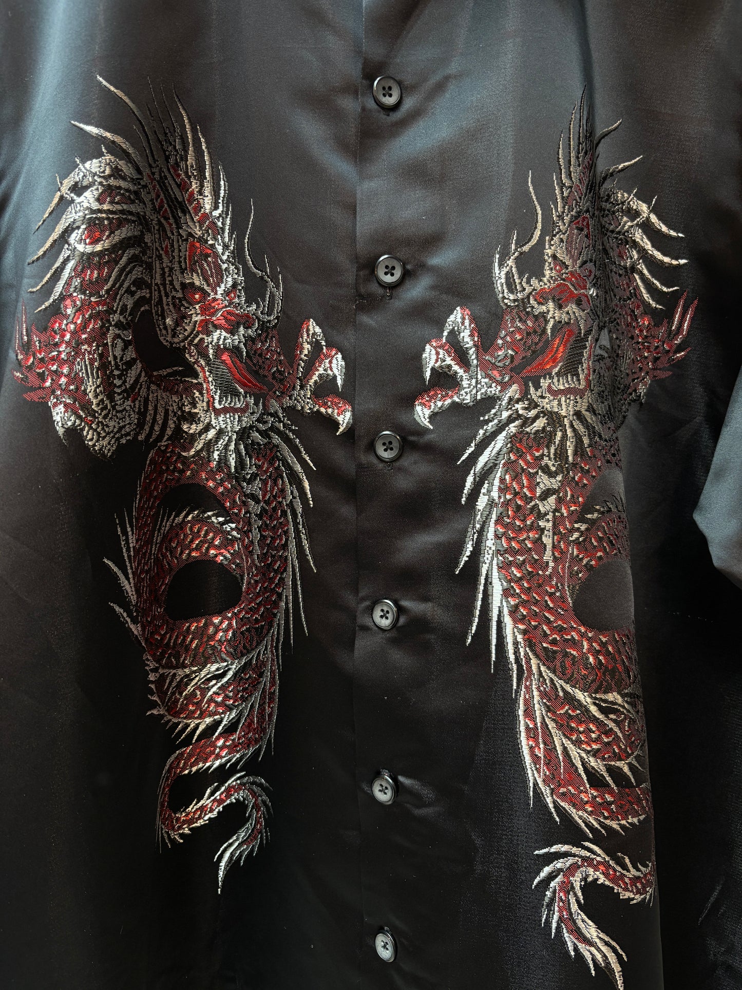 Mens Dragon Silk Button Up Black Shirt