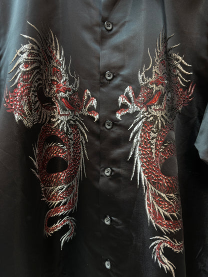 Mens Dragon Silk Button Up Black Shirt