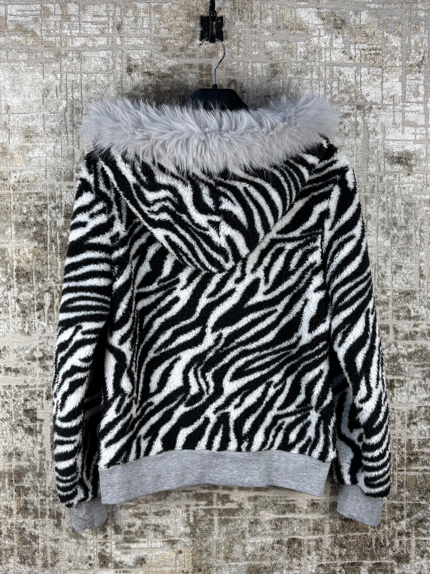 Unisex Y2K Zebra Print Faux Fur Hoodie