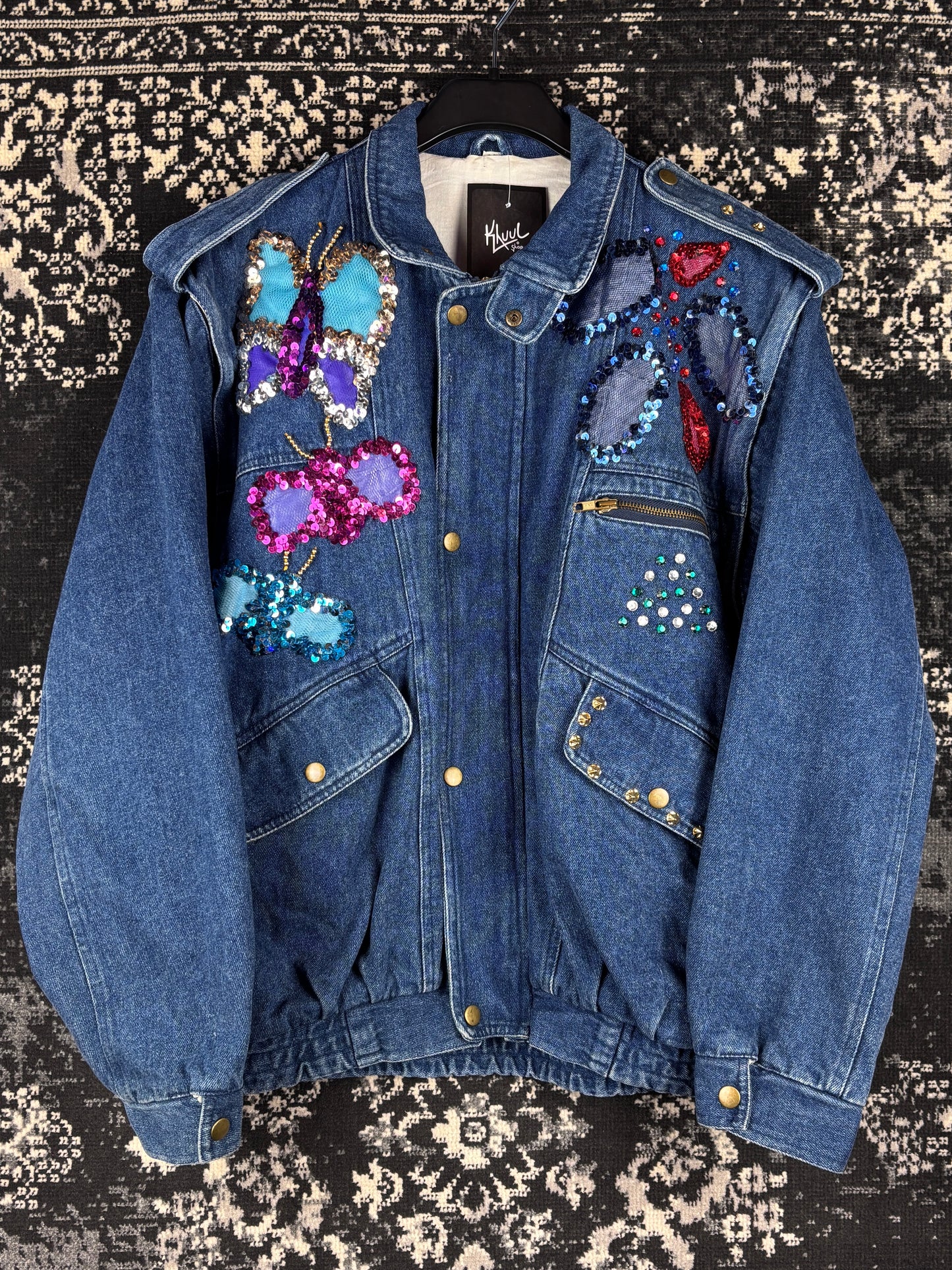 Women’s Y2K Denim Jacket with Beads and Detachable Sleeves
