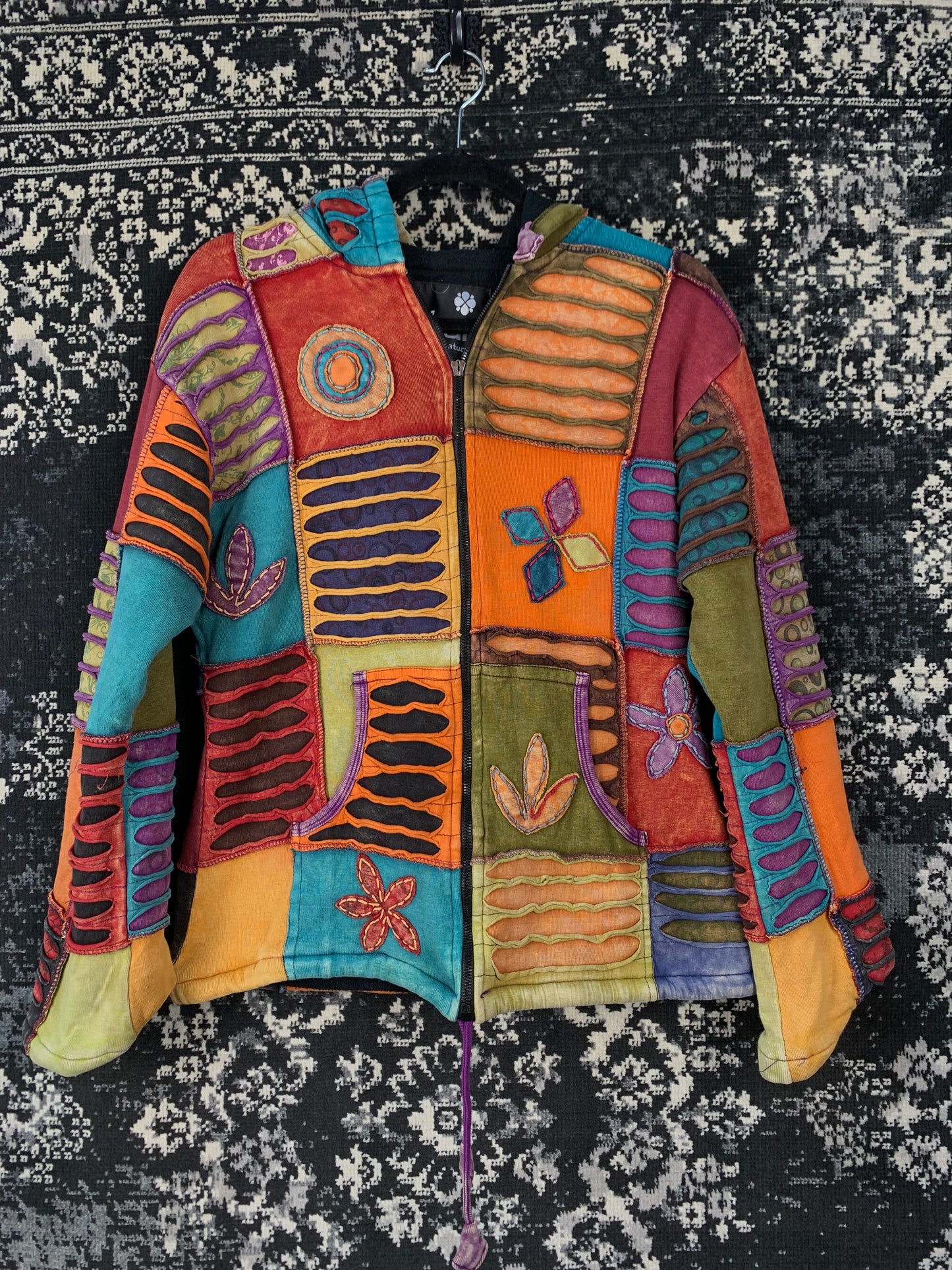 Womens Y2K Hippie Style Nepal Patchwork Zip Up Hoodie