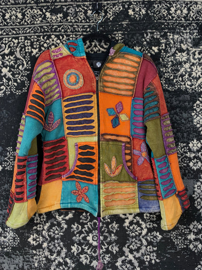 Womens Y2K Hippie Style Nepal Patchwork Zip Up Hoodie