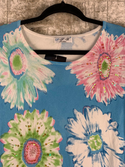 Womens Y2K Vintage Light Blue Beaded Floral Top