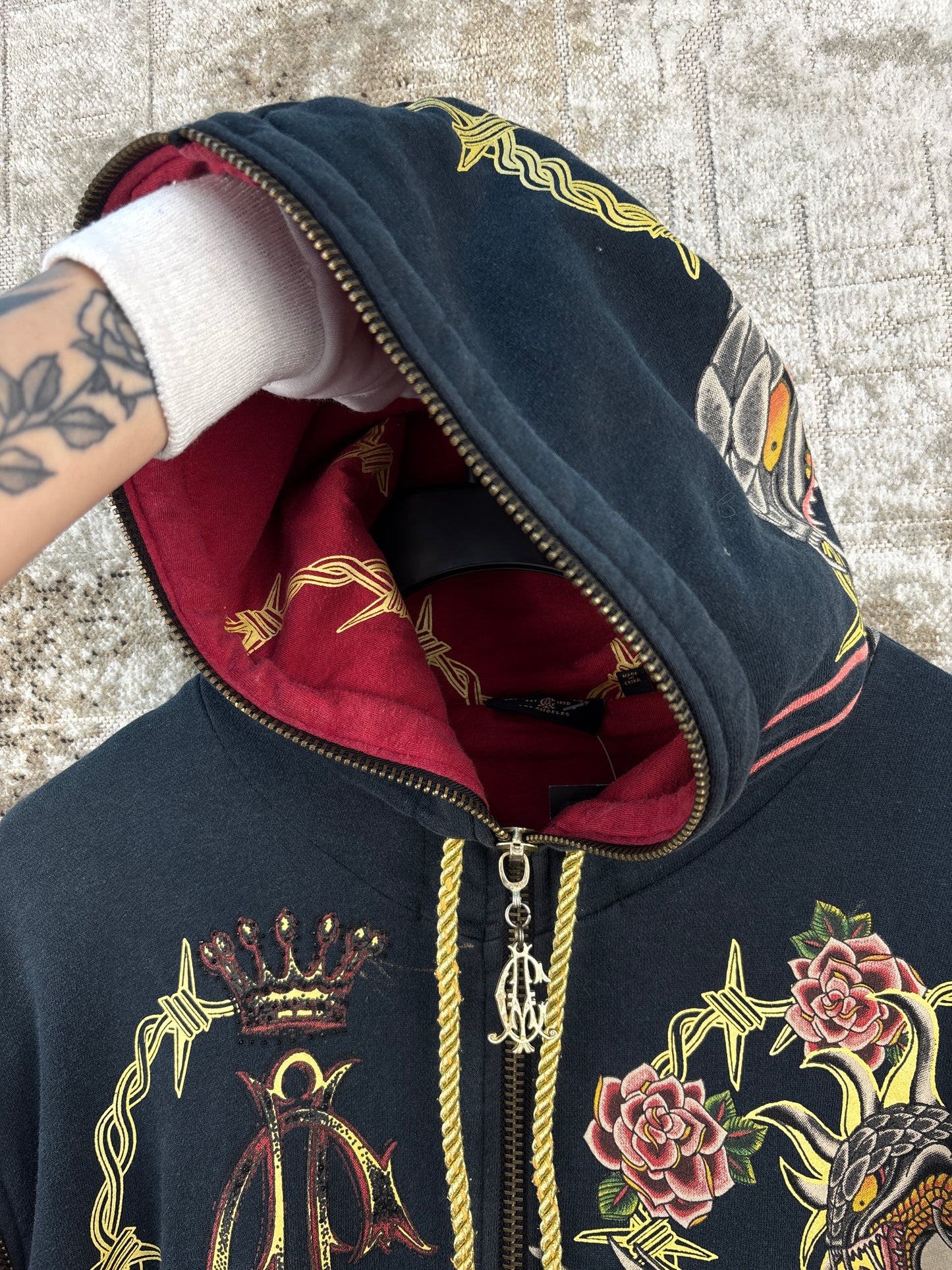 Men's Y2K Christian Audigier Black Red Zip Up Hoodie