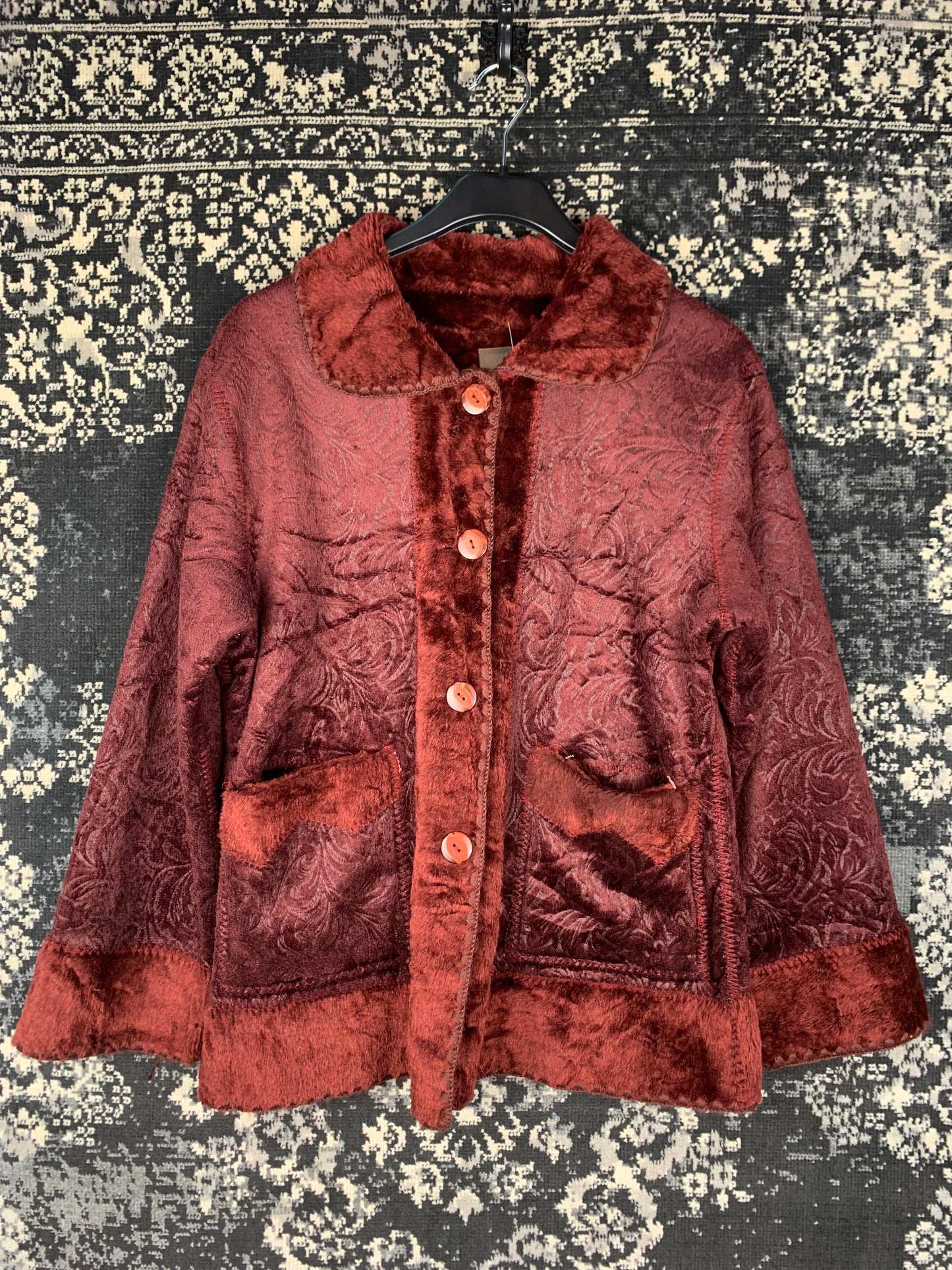 Vintage Style Women's Burgundy Jacket with Floral Texture