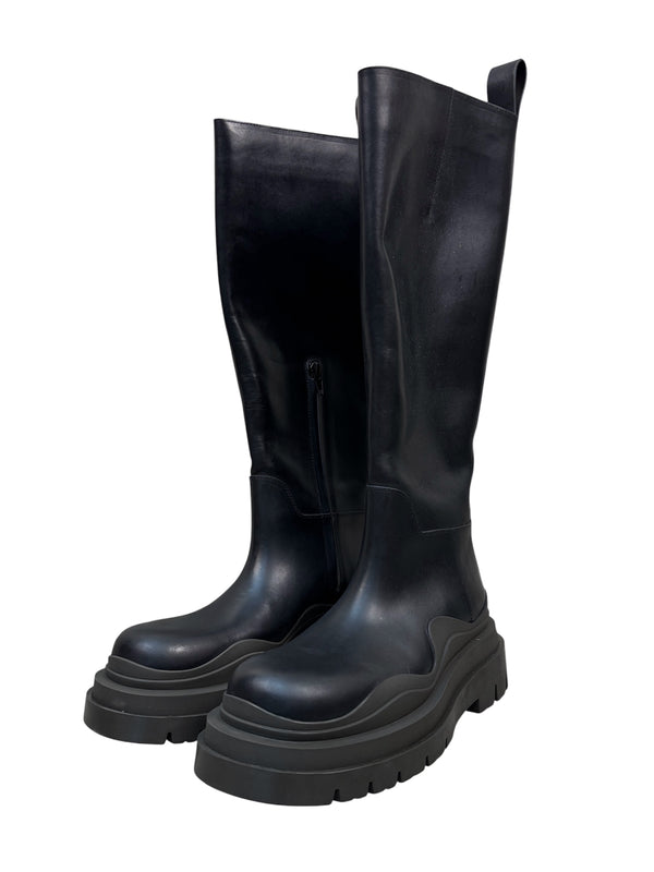 Bottega Veneta Tire Leather Knee High Black Boots
