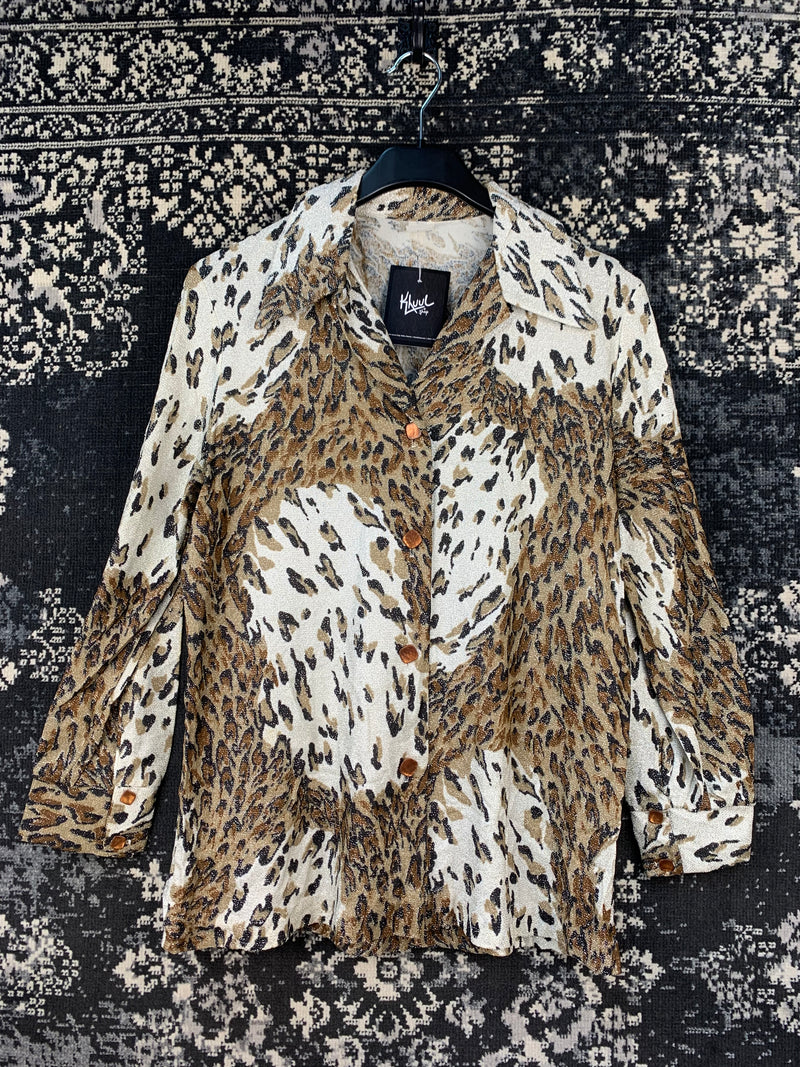 Women's Vintage Leopard Print Shirt Sparkly V Neck Button Up Blouse