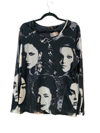 XLNT Y2K Faces Print Mesh Long Sleeve Top
