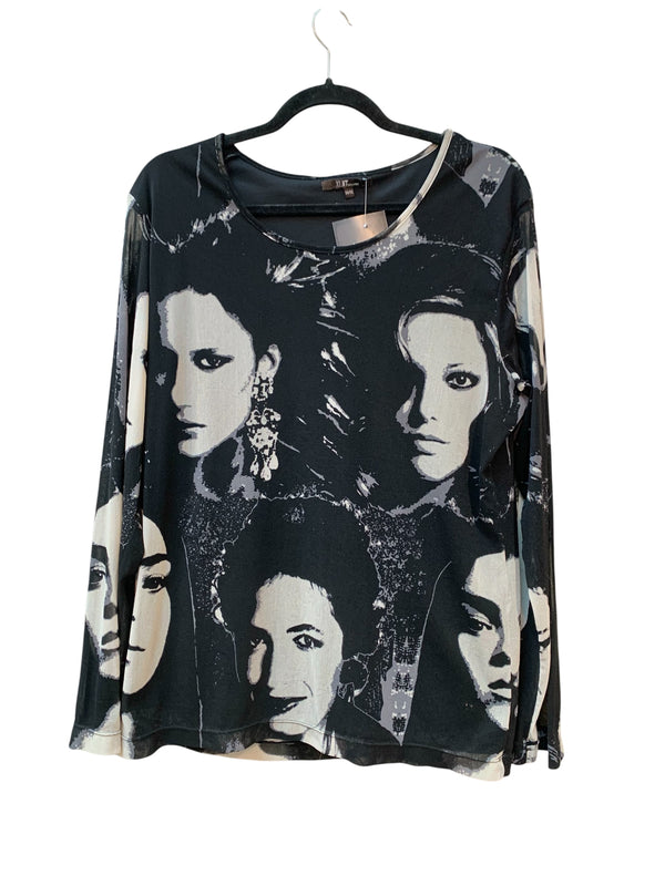 XLNT Y2K Faces Print Mesh Long Sleeve Top