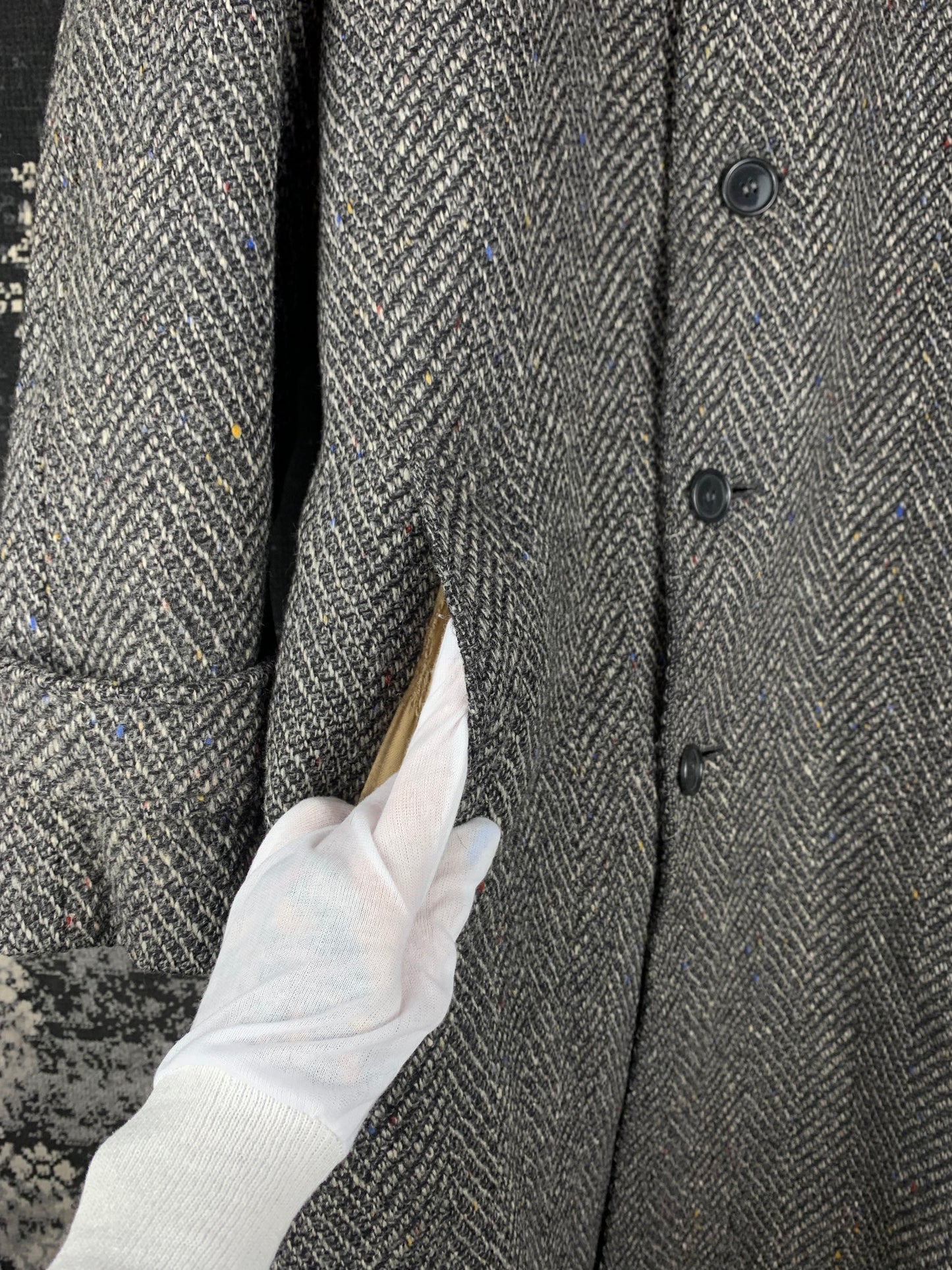 Men's Vintage Gray Wool Herringbone Long Overcoat