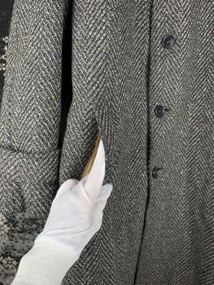 Men's Vintage Gray Wool Herringbone Long Overcoat