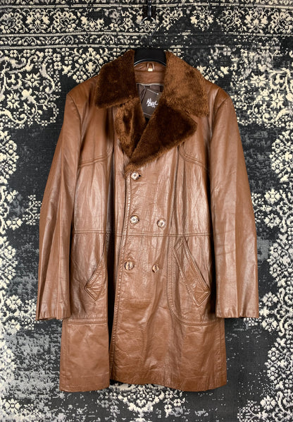 Vintage Leather Fur Collar Coat