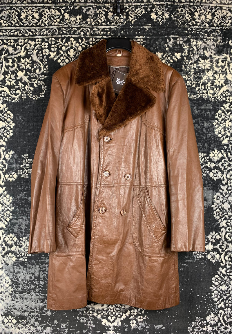 Vintage Leather Fur Collar Coat