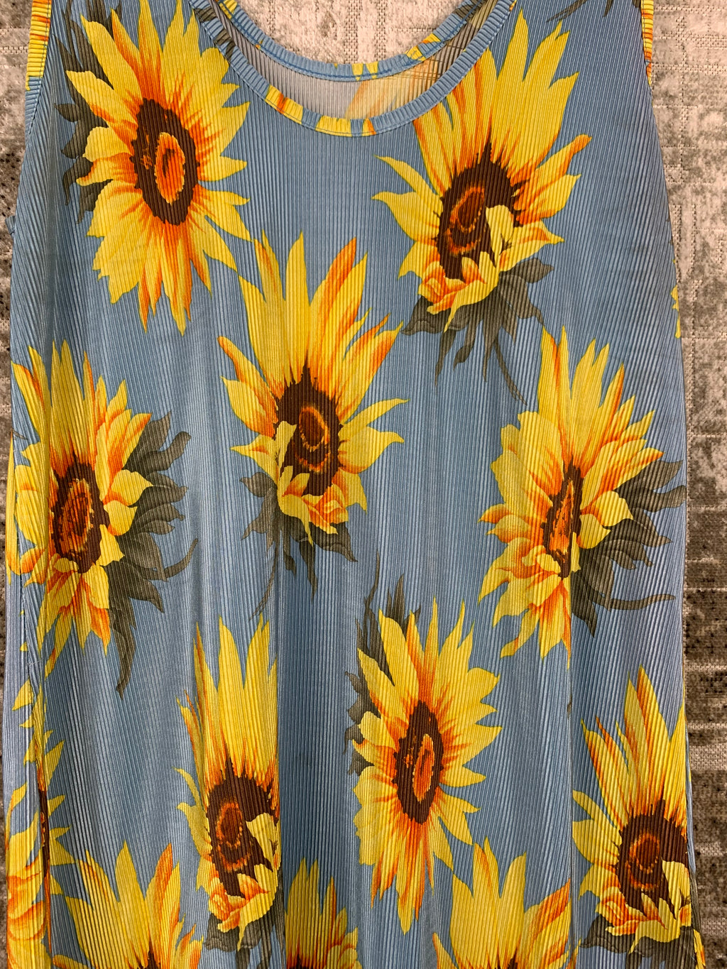 Womens Light Blue with Sunflower Ribbed Short Dress