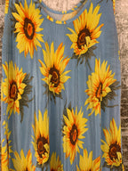 Womens Light Blue with Sunflower Ribbed Short Dress