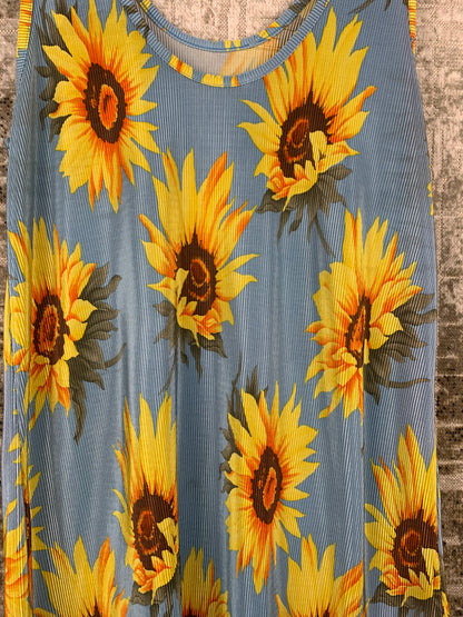Womens Light Blue with Sunflower Ribbed Short Dress