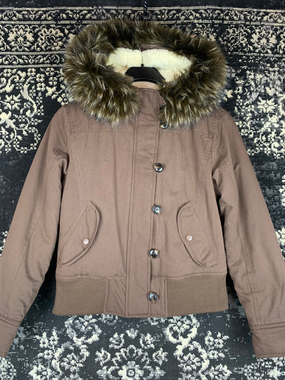 y2k mocha brown cropped jacket with fur trim