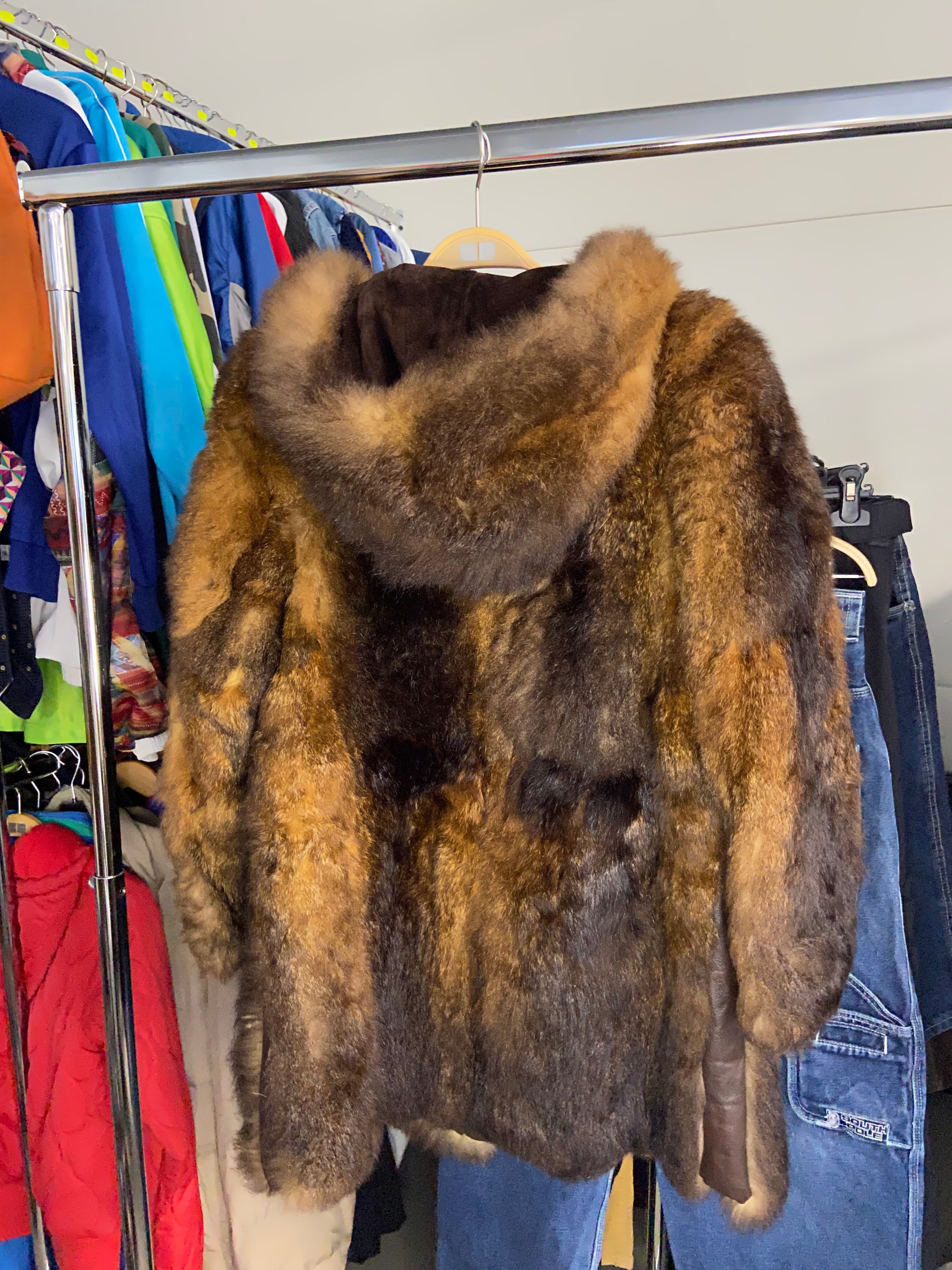 Brown Multicolor Hooded Soft Wild Animal Fur Overcoat Jacket Women's S