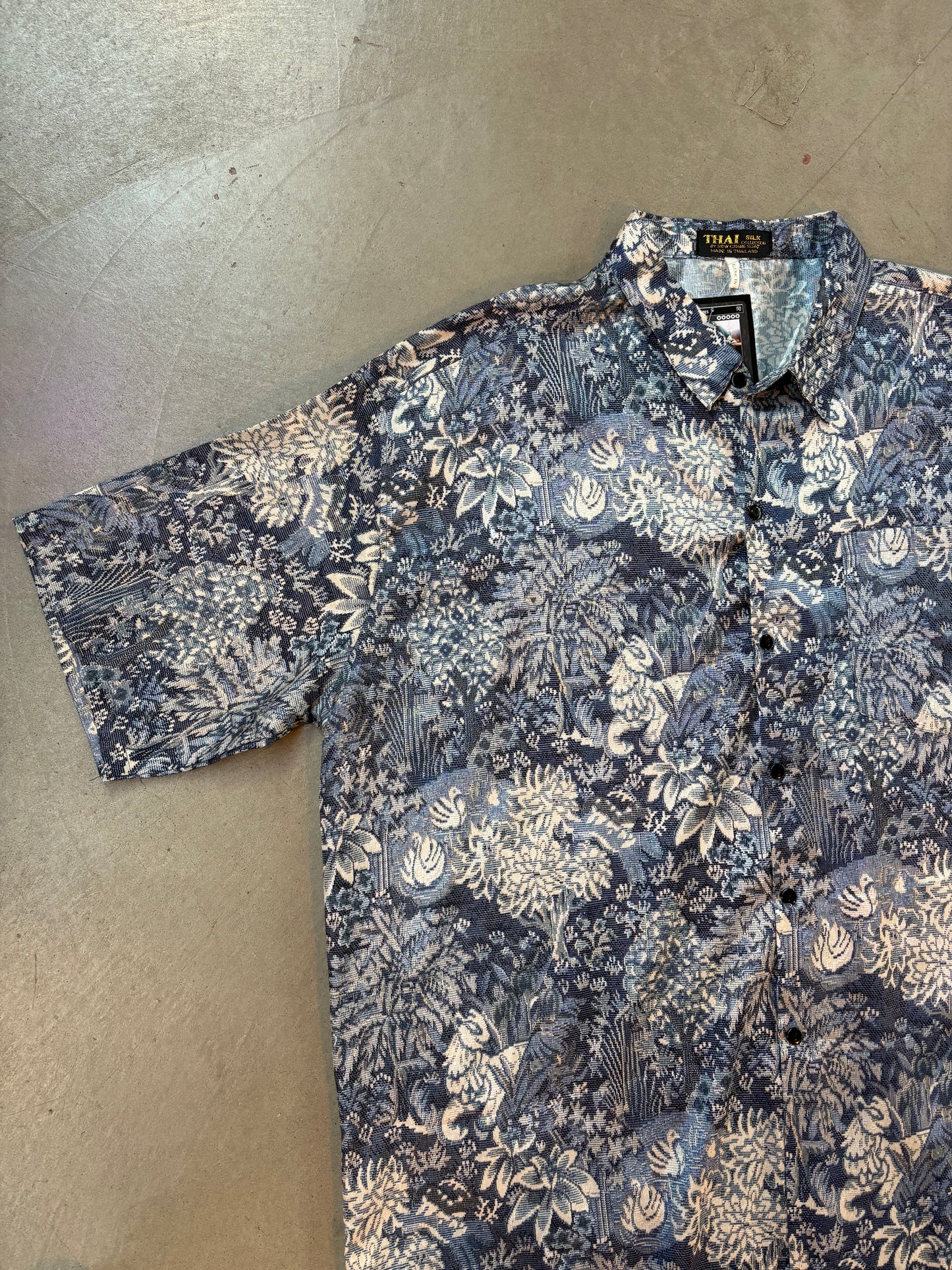 Thai Silk Blue Botanical Short Sleeve Button-Up