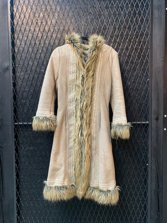 Vintage Beige Faux Suede Fur Trim Coat