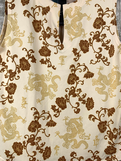 Womens Y2K Beige Floral Dragon Print Sleeveless Top