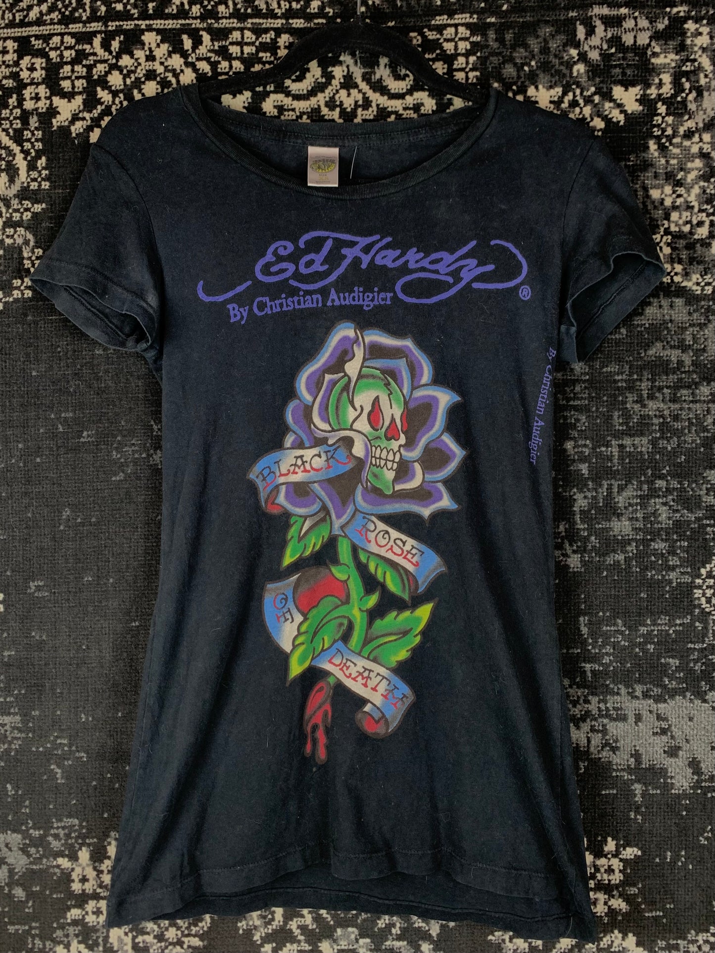 Womens Y2K Ed Hardy By Christian Audigier Black Tattoo Style Graphic T-Shirt