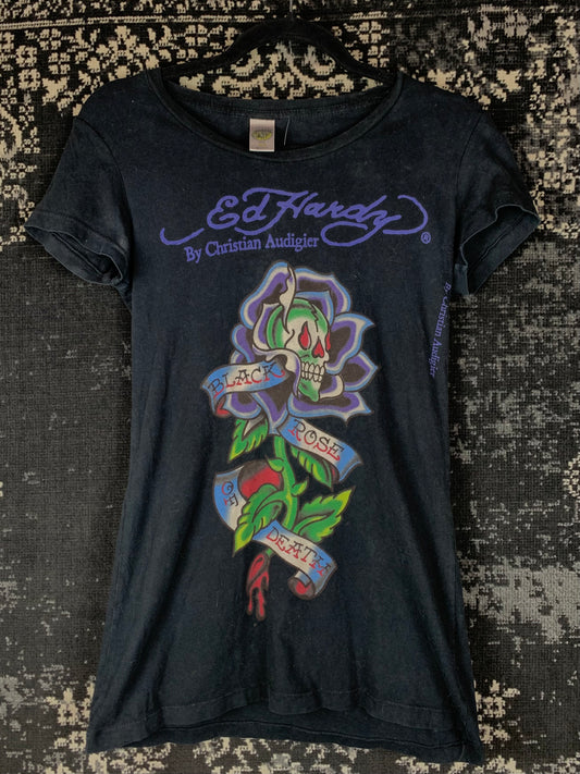 Womens Y2K Ed Hardy By Christian Audigier Black Tattoo Style Graphic T-Shirt