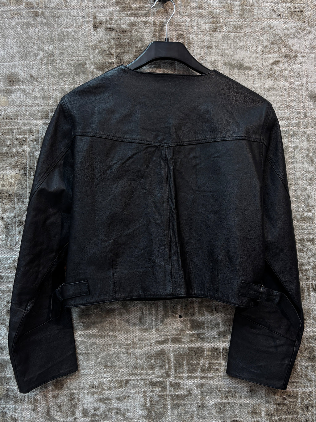 Vintage Collarless Cropped Leather Jacket