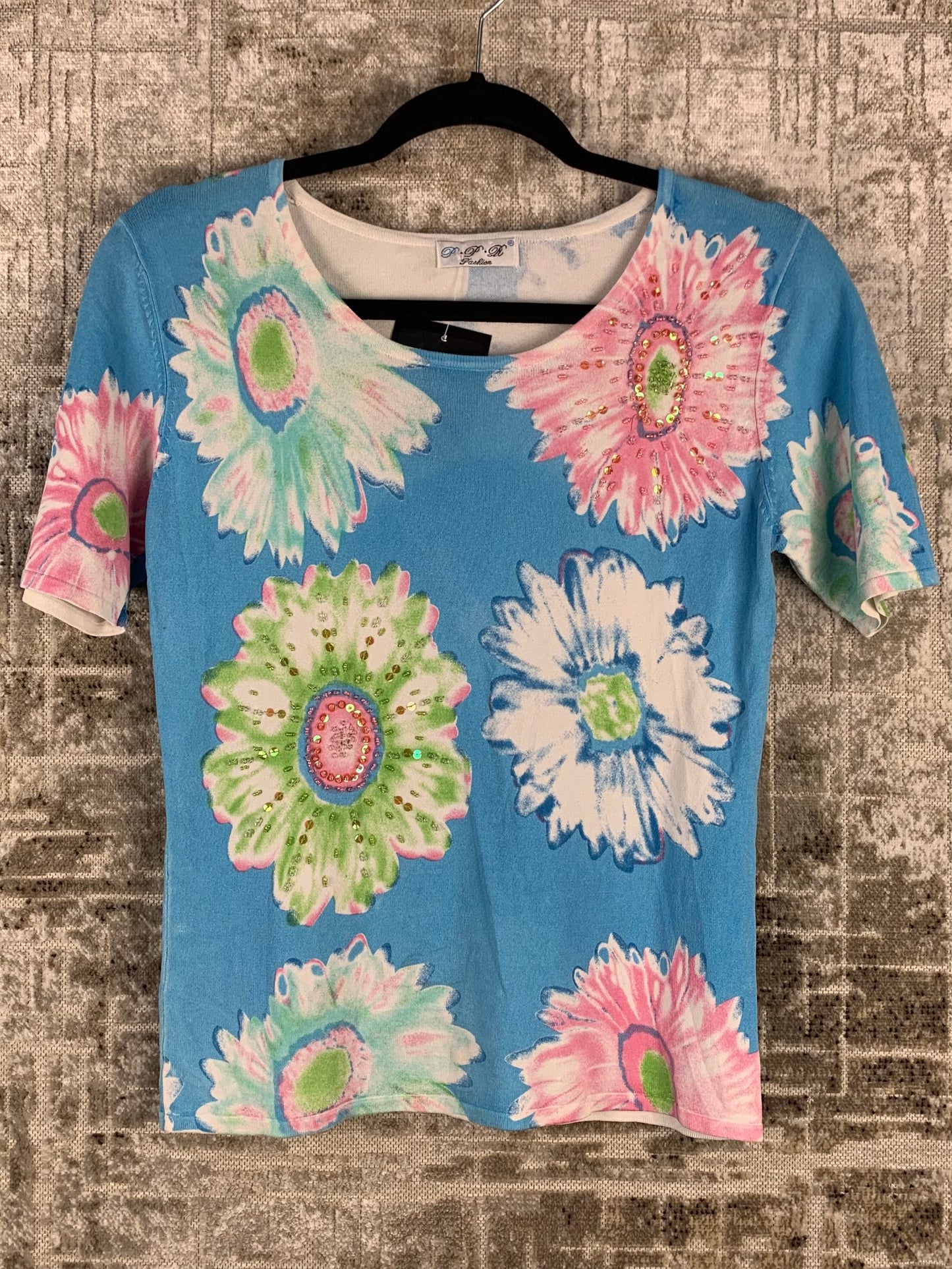 Womens Y2K Vintage Light Blue Beaded Floral Top