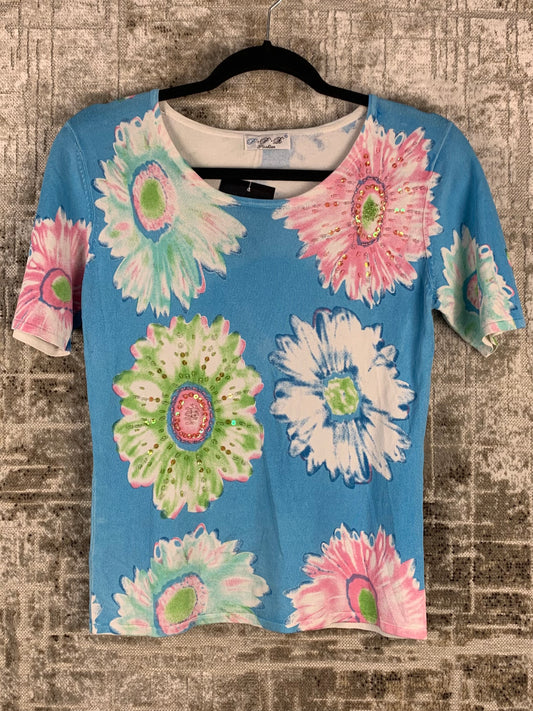 Womens Y2K Vintage Light Blue Beaded Floral Top