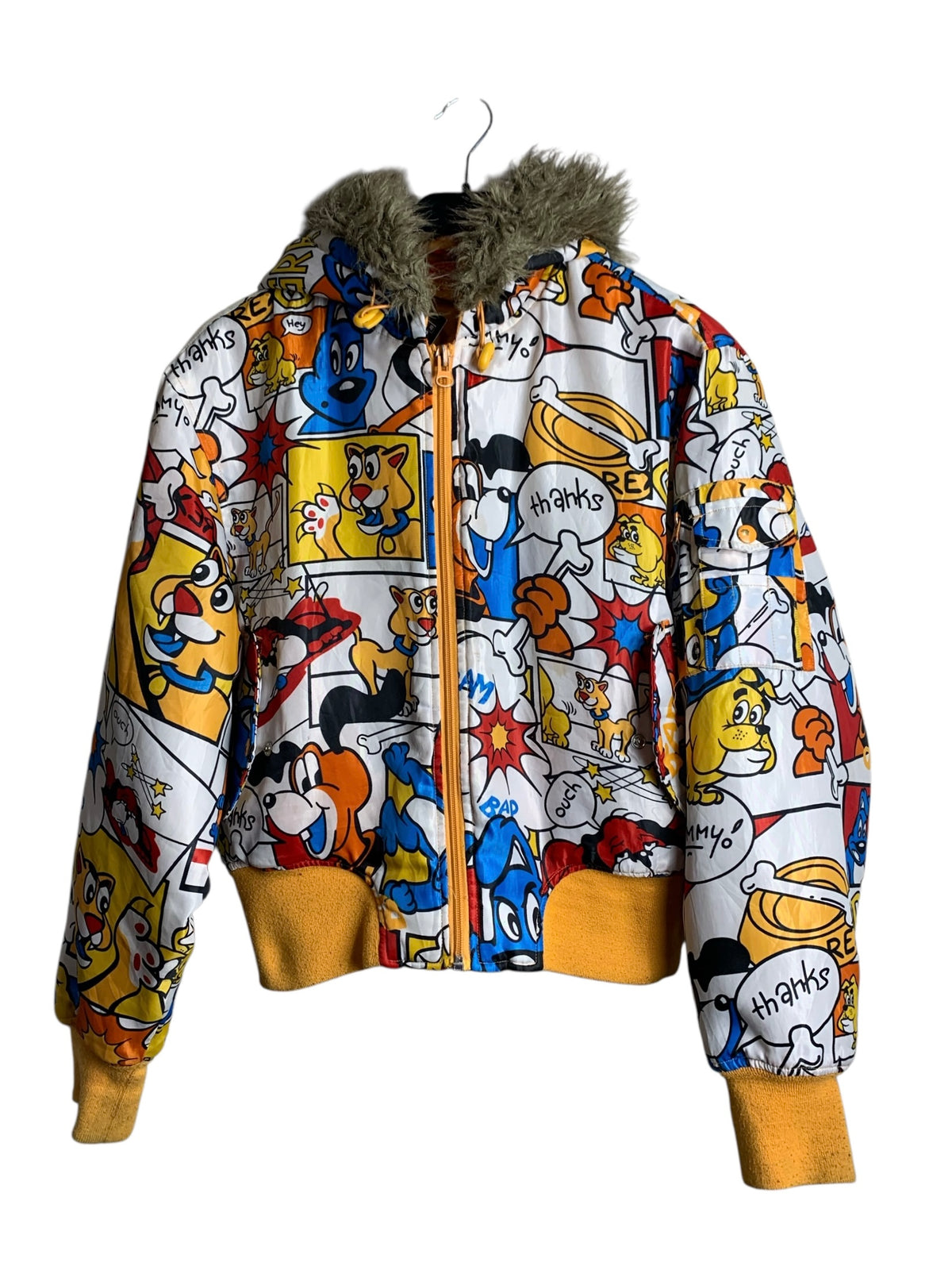 Raw Blue Y2K Cartoon Print Fur-Hood Puffer Jacket