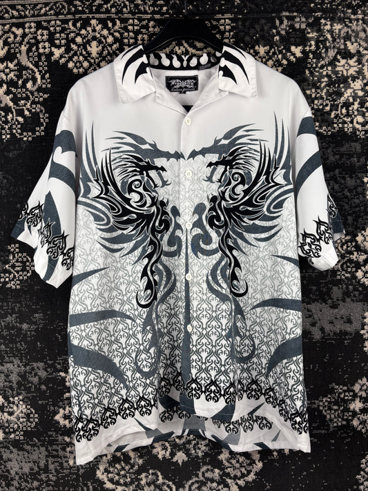 Men's Y2K Dragonfly Tribal White Shortsleeve Buttonup