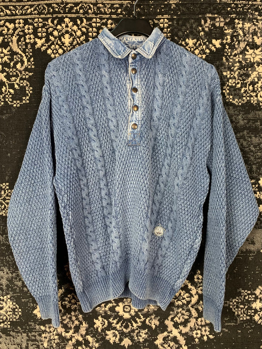 Men’s Vintage Blue Chunky Knit Sweater with Denim Collar