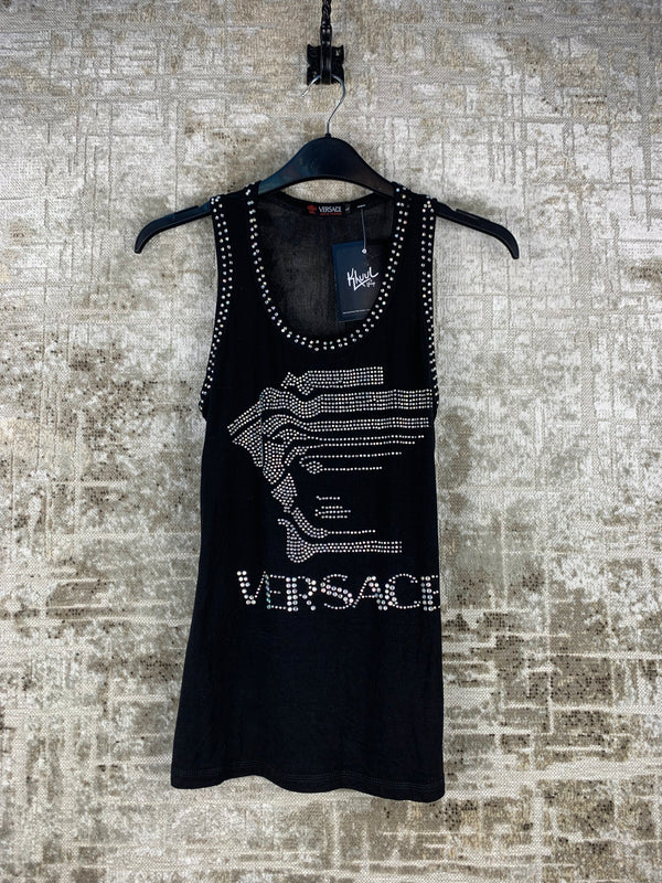 Womens Y2K Versace Black Medusa Rhinestone Tank Top