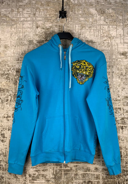 Womens Y2K Tiger Print Blue Zip Up Hoodie