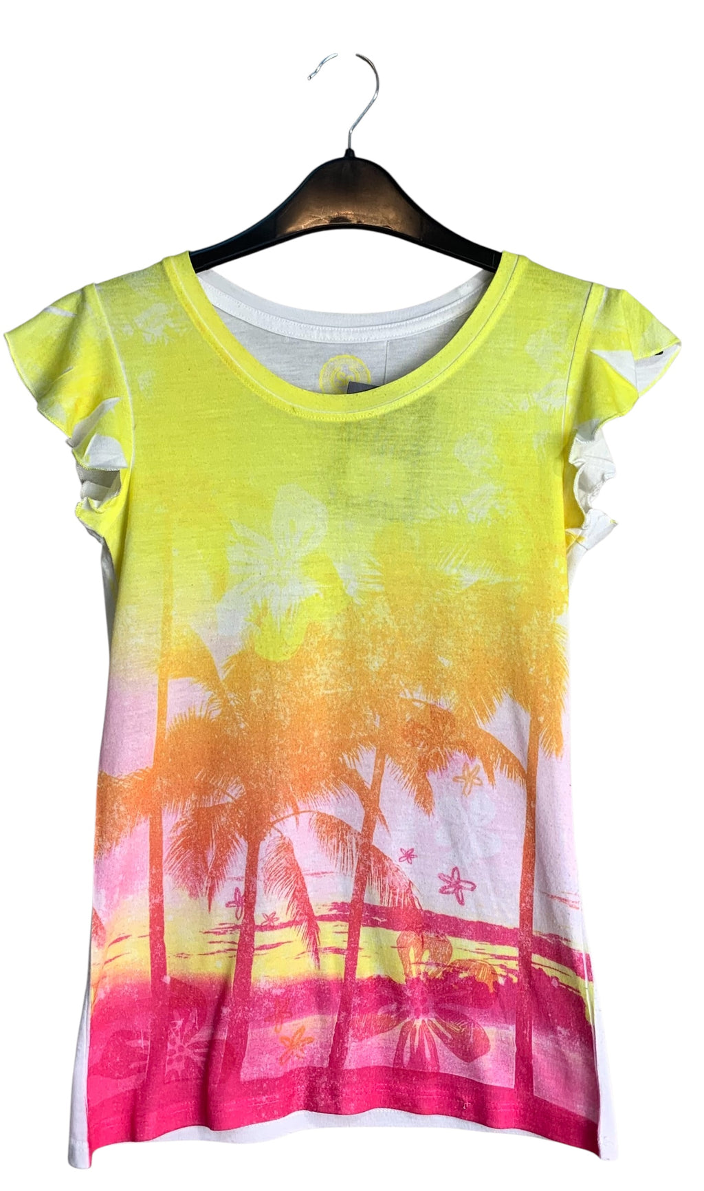 SO Tropical Palm Sunset Ruffle Top