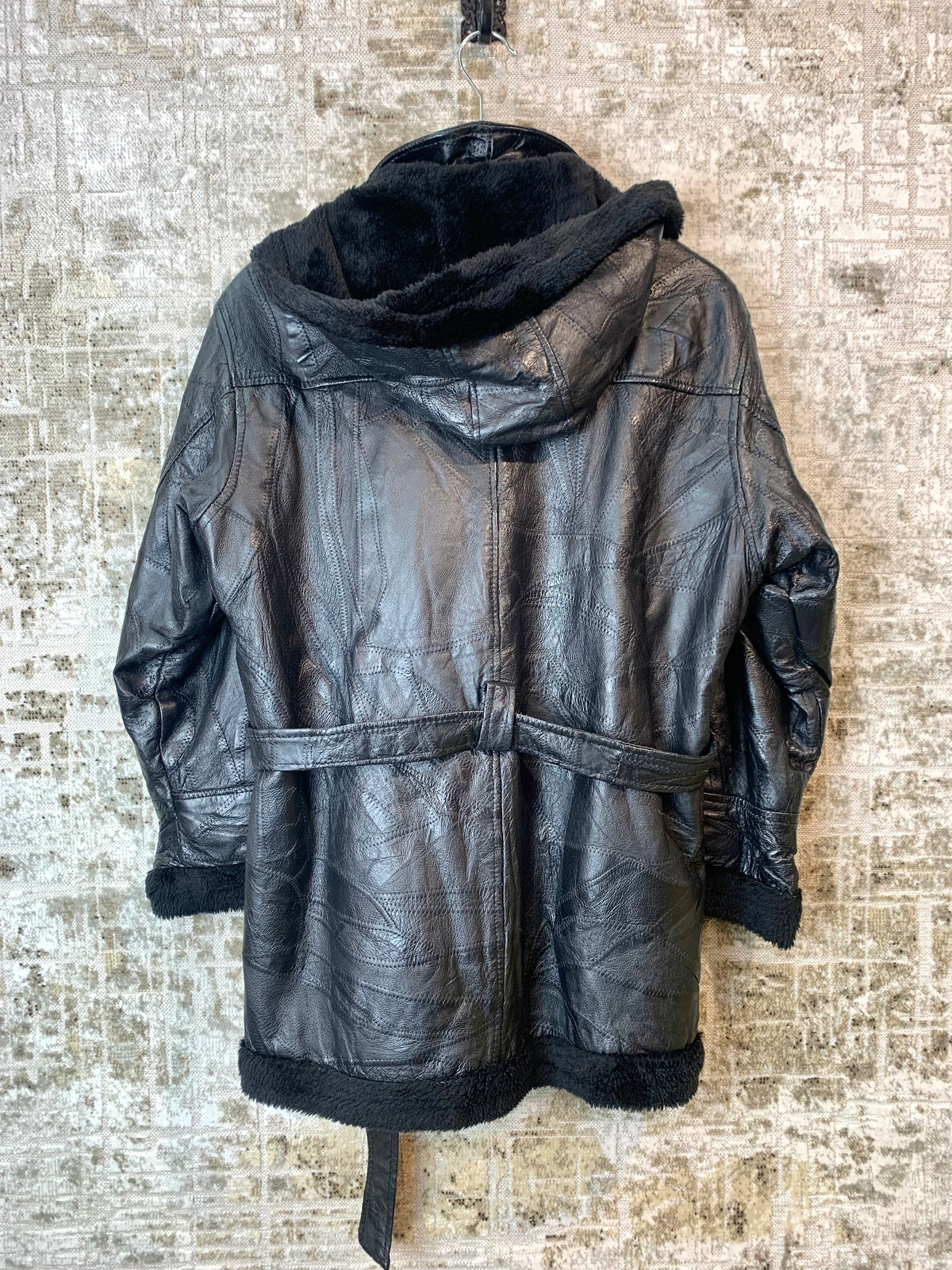 Patchwork Leather Faux Fur-Lined Hooded Coat